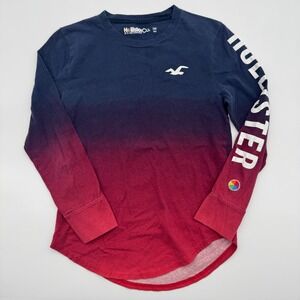 Hollister Mens XXS Long Sleeve Ombre T-Shirt Navy Red Gradient Logo Graphic Tee